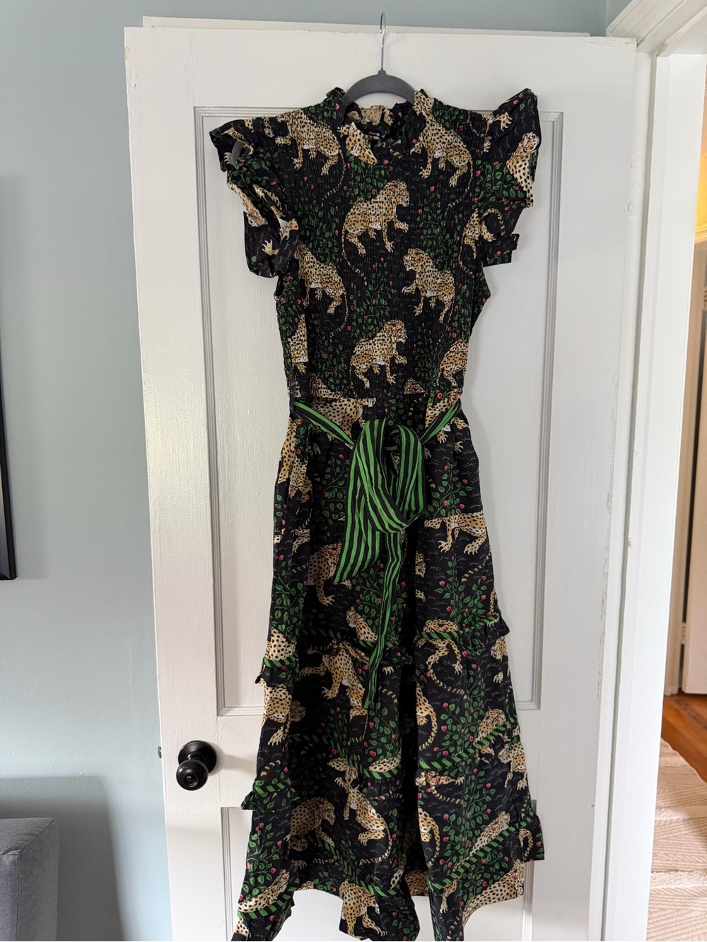 Printfresh Black Midi Dress with Gold Leopard Print and Green Tie